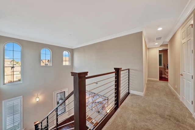 11617 N Bella Verde Ave, Fresno, CA 93730 - corridor featuring ornamental molding, carpet floors, an upstairs landing, and recessed lighting