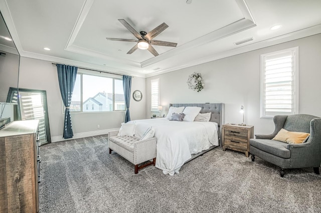 924 Orchard Hills Rd, Madera, CA 93636 - bedroom featuring a tray ceiling, carpet flooring, ornamental molding, recessed lighting, and a ceiling fan