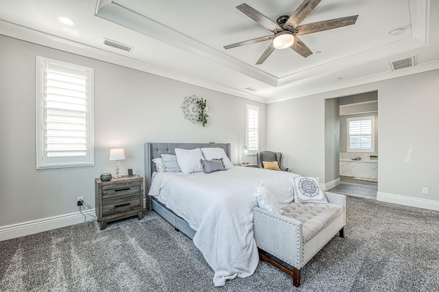 924 Orchard Hills Rd, Madera, CA 93636 - bedroom featuring a raised ceiling, carpet, ornamental molding, recessed lighting, and ensuite bathroom