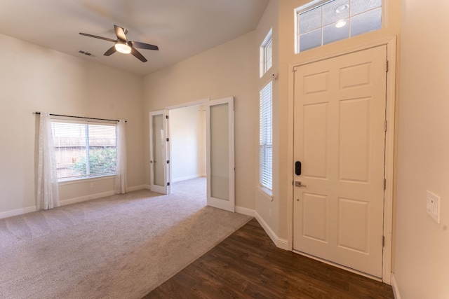 1963 Rialto Ct, Clovis, CA 93611 - foyer featuring a ceiling fan, dark wood-style floors, and dark carpet