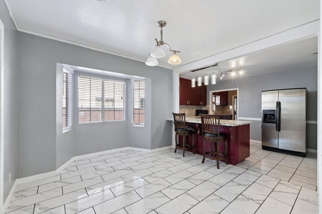 3924 E Iowa Ave, Fresno, CA 93702 - kitchen with stainless steel fridge with ice dispenser, light marble finish floors, a peninsula, tasteful backsplash, and crown molding