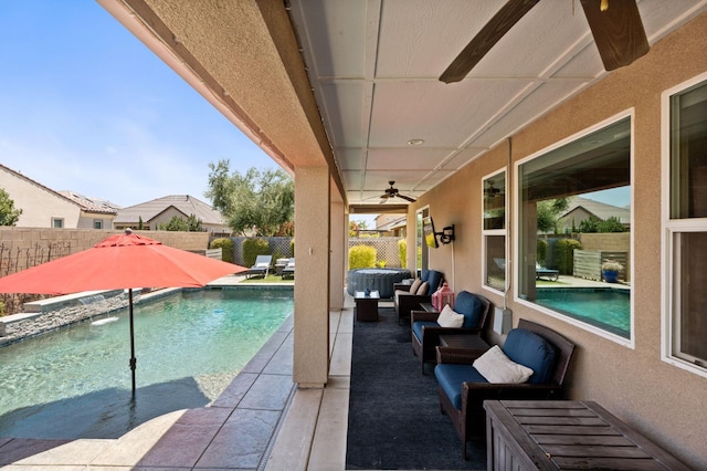 1397 N Redington Ave, Clovis, CA 93619 - view of pool with an outdoor hangout area, a fenced backyard, a patio area, and ceiling fan