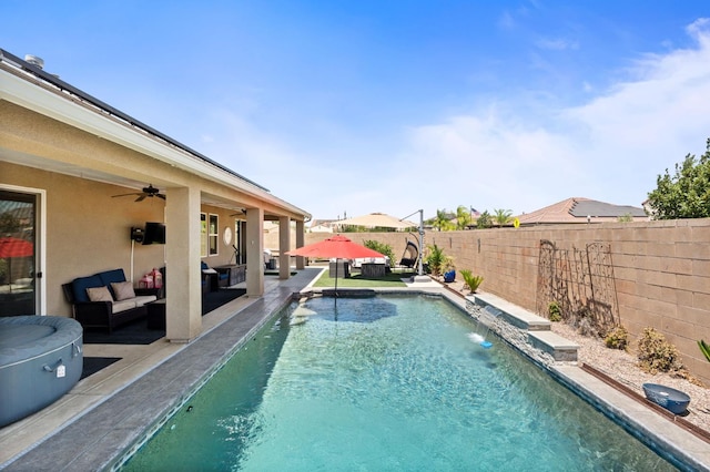 1397 N Redington Ave, Clovis, CA 93619 - view of swimming pool featuring outdoor lounge area, a fenced backyard, ceiling fan, and a patio