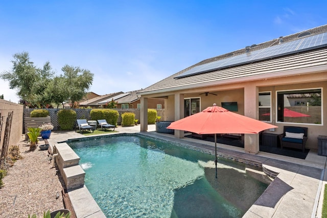 1397 N Redington Ave, Clovis, CA 93619 - view of pool with a fenced backyard, a patio area, and ceiling fan