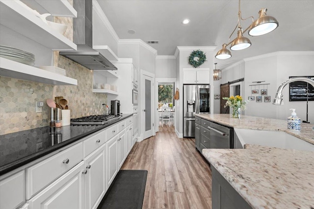 34503 Backbone Rd, Auberry, CA 93602 - kitchen with open shelves, wall chimney range hood, appliances with stainless steel finishes, white cabinetry, and ornamental molding