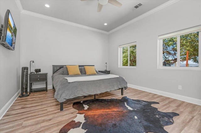 34503 Backbone Rd, Auberry, CA 93602 - bedroom with wood finished floors, crown molding, recessed lighting, and a ceiling fan