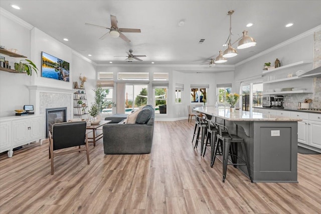 34503 Backbone Rd, Auberry, CA 93602 - living area featuring a ceiling fan, light wood finished floors, ornamental molding, recessed lighting, and a fireplace