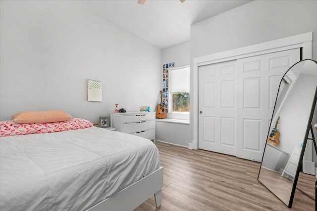 34503 Backbone Rd, Auberry, CA 93602 - bedroom featuring light wood-style flooring, ceiling fan, lofted ceiling, and a closet