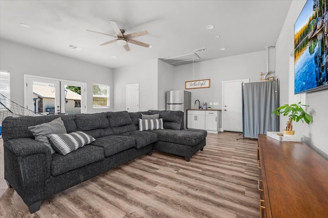 34503 Backbone Rd, Auberry, CA 93602 - living area with attic access, light wood-type flooring, a ceiling fan, recessed lighting, and french doors