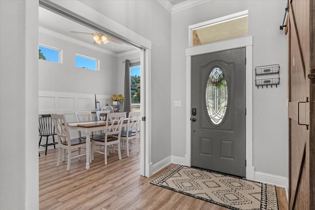 34503 Backbone Rd, Auberry, CA 93602 - entrance foyer with ornamental molding, wood finished floors, and ceiling fan