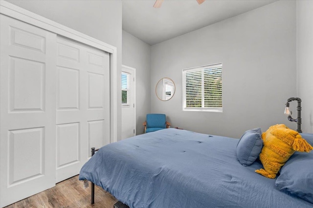 34503 Backbone Rd, Auberry, CA 93602 - bedroom with wood finished floors, a closet, and a ceiling fan
