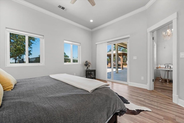 34503 Backbone Rd, Auberry, CA 93602 - bedroom featuring access to outside, crown molding, multiple windows, light wood-style flooring, and recessed lighting