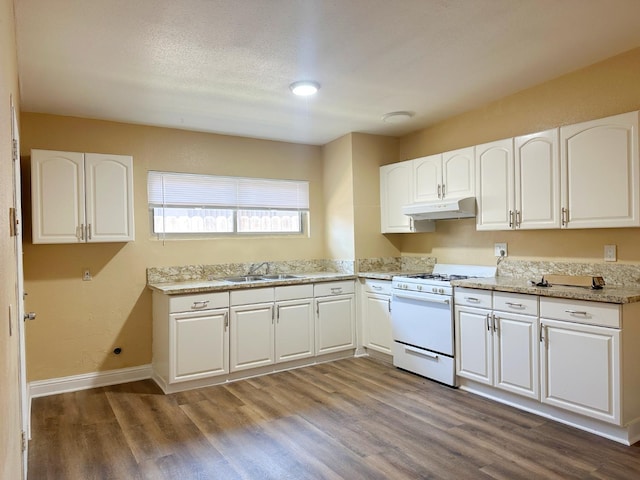 2723 E Lansing Way, Fresno, CA 93726 - kitchen with white gas stove, under cabinet range hood, wood finished floors, and white cabinets