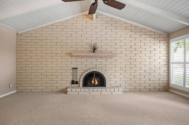 1702 W Bullard Unit 105, Fresno, CA 93711 - unfurnished living room featuring brick wall, a ceiling fan, a brick fireplace, and carpet floors