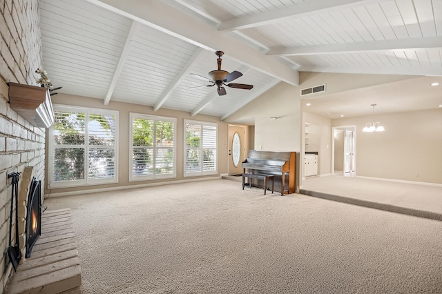 1702 W Bullard Unit 105, Fresno, CA 93711 - living room featuring carpet flooring, a fireplace, a chandelier, a ceiling fan, and recessed lighting
