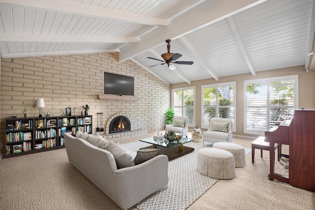 1702 W Bullard Unit 105, Fresno, CA 93711 - carpeted living room featuring brick wall, a fireplace, plenty of natural light, and ceiling fan
