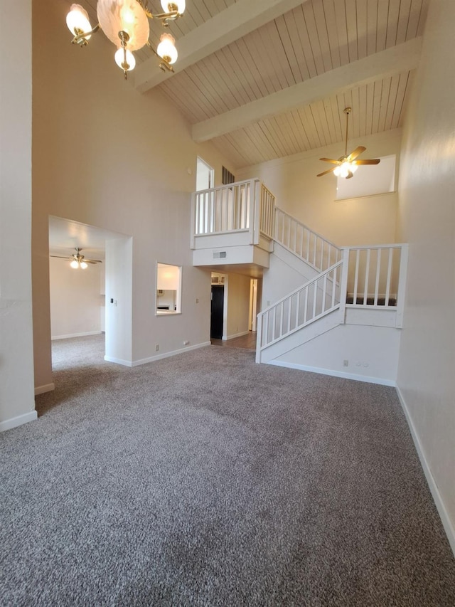 4919 N Millbrook Ave Unit 123, Fresno, CA 93726 - unfurnished living room featuring ceiling fan, high vaulted ceiling, a wooden ceiling with exposed beams, carpet, and a chandelier
