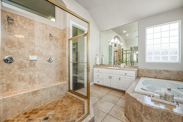 218 W Hubert Ct, Fresno, CA 93711 - bathroom featuring a shower stall, vanity, a bath, tile patterned flooring, and lofted ceiling