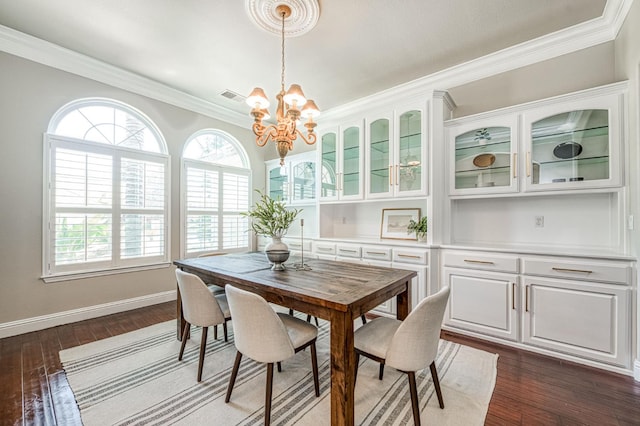 218 W Hubert Ct, Fresno, CA 93711 - dining area with a chandelier, ornamental molding, and dark wood-style flooring