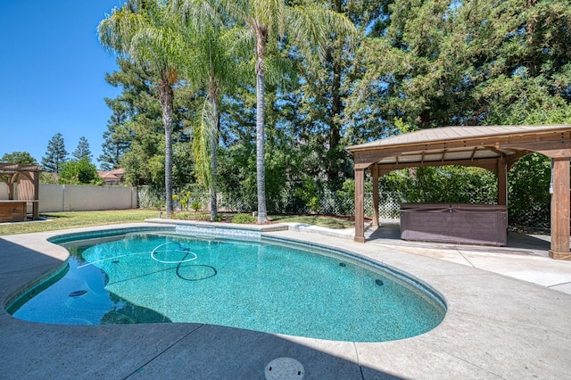 218 W Hubert Ct, Fresno, CA 93711 - view of swimming pool with a hot tub, a patio area, a fenced backyard, and a gazebo