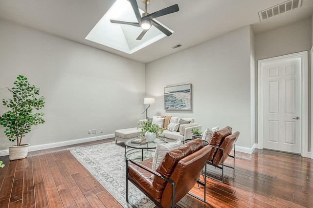 218 W Hubert Ct, Fresno, CA 93711 - living area featuring a ceiling fan, hardwood / wood-style floors, and a skylight