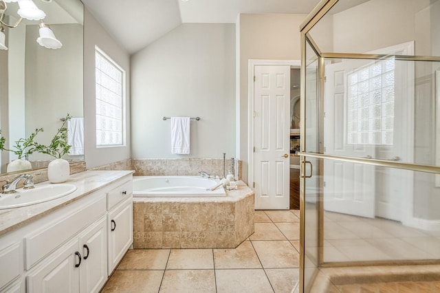 218 W Hubert Ct, Fresno, CA 93711 - bathroom with vanity, a bath, tile patterned flooring, a stall shower, and vaulted ceiling