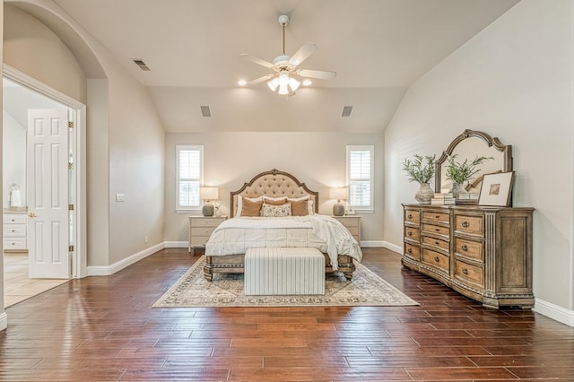 218 W Hubert Ct, Fresno, CA 93711 - bedroom featuring vaulted ceiling, hardwood / wood-style flooring, multiple windows, and ceiling fan