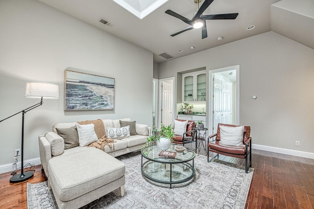 218 W Hubert Ct, Fresno, CA 93711 - living area featuring wood finished floors, a ceiling fan, and lofted ceiling
