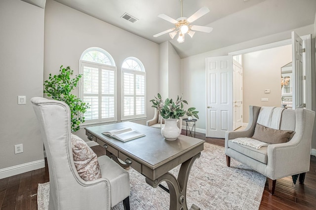 218 W Hubert Ct, Fresno, CA 93711 - home office with a ceiling fan, lofted ceiling, and dark wood-style flooring