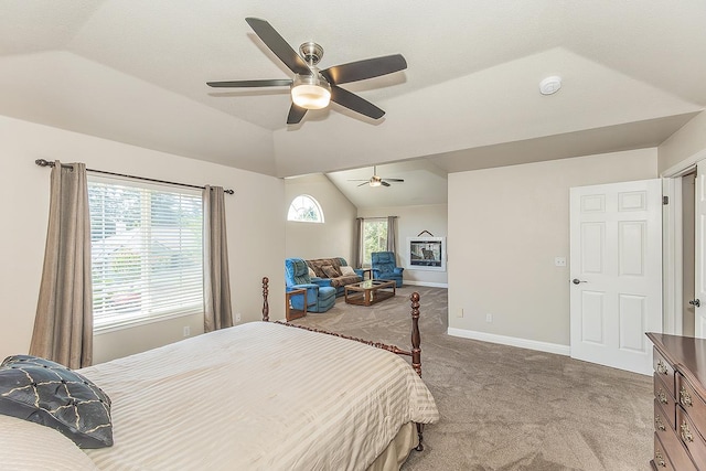 4950 W Minarets Ave, Fresno, CA 93722 - bedroom with carpet flooring, vaulted ceiling, and ceiling fan