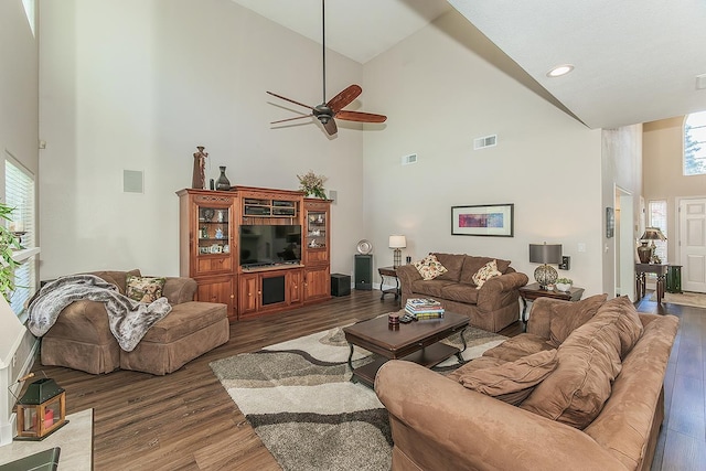 4950 W Minarets Ave, Fresno, CA 93722 - living room with high vaulted ceiling, wood finished floors, a ceiling fan, and recessed lighting