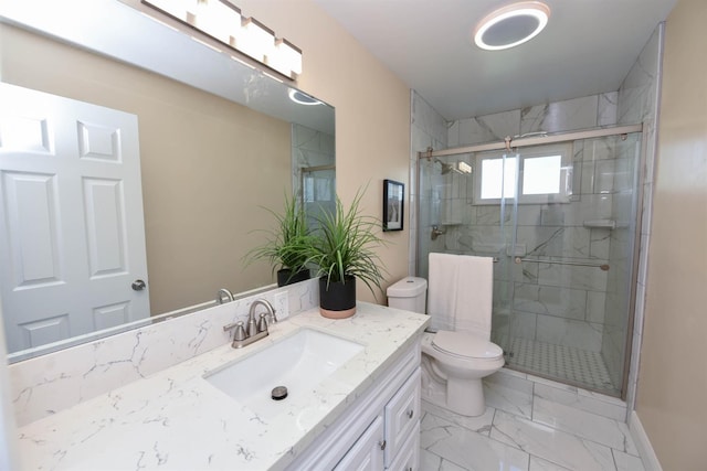 5942 S Cedar Ave, Fresno, CA 93725 - full bath featuring vanity, marble look tile flooring, and a stall shower