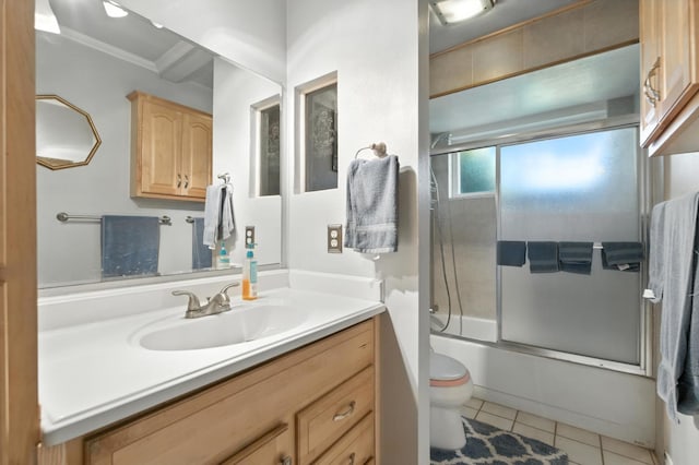 36358 Orange Grove Ave, Madera, CA 93636 - full bathroom featuring vanity, tile patterned flooring, shower / bath combination with glass door, and ornamental molding