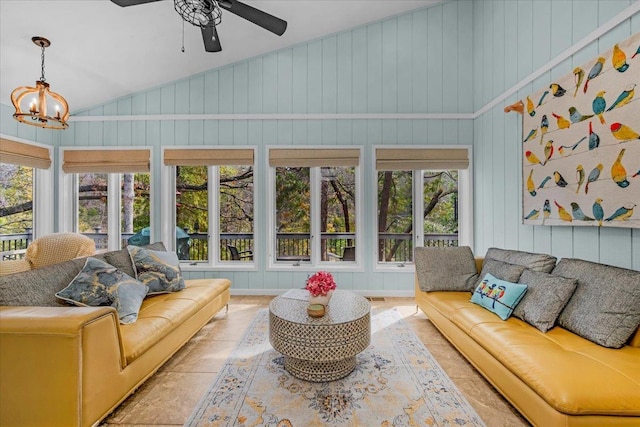 36522 Mudge Ranch Rd, Coarsegold, CA 93614 - tiled living area with a ceiling fan, healthy amount of natural light, a chandelier, and high vaulted ceiling