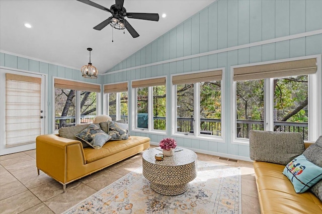 36522 Mudge Ranch Rd, Coarsegold, CA 93614 - sunroom / solarium featuring healthy amount of natural light, tile patterned floors, high vaulted ceiling, and recessed lighting