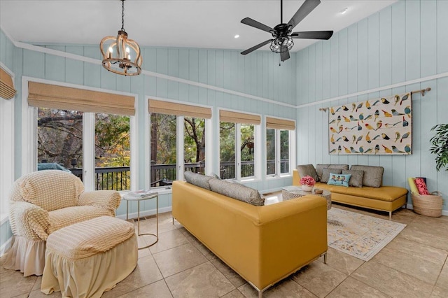 36522 Mudge Ranch Rd, Coarsegold, CA 93614 - living area featuring healthy amount of natural light, tile patterned flooring, a chandelier, a ceiling fan, and a towering ceiling
