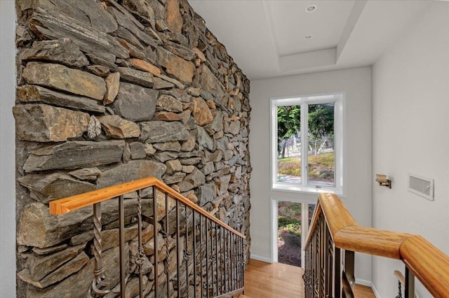 36522 Mudge Ranch Rd, Coarsegold, CA 93614 - stairway featuring wood finished floors and a raised ceiling
