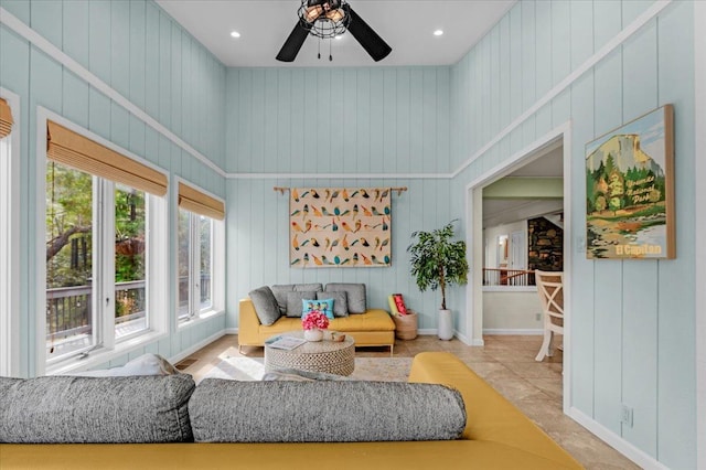36522 Mudge Ranch Rd, Coarsegold, CA 93614 - living area featuring a ceiling fan, a high ceiling, and recessed lighting