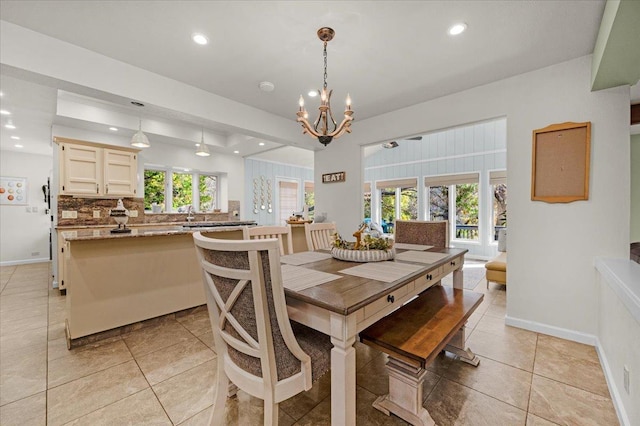 36522 Mudge Ranch Rd, Coarsegold, CA 93614 - dining area with recessed lighting, light tile patterned floors, and a chandelier