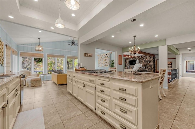 36522 Mudge Ranch Rd, Coarsegold, CA 93614 - kitchen with open floor plan, stainless steel appliances, a stone fireplace, light tile patterned flooring, and recessed lighting