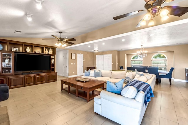 6421 S Greenwood Ave, Del Rey, CA 93616 - living area featuring ceiling fan, a chandelier, and vaulted ceiling