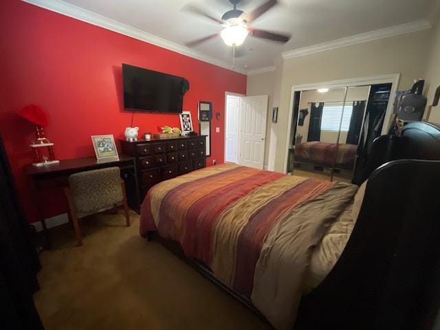 2291 E Prestwick Ave, Fresno, CA 93730 - bedroom featuring a closet, ornamental molding, carpet, and a ceiling fan