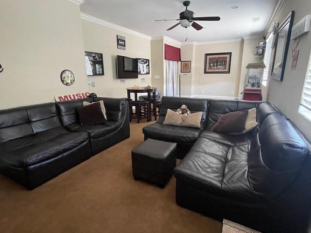 2291 E Prestwick Ave, Fresno, CA 93730 - living area featuring carpet, ornamental molding, and a ceiling fan