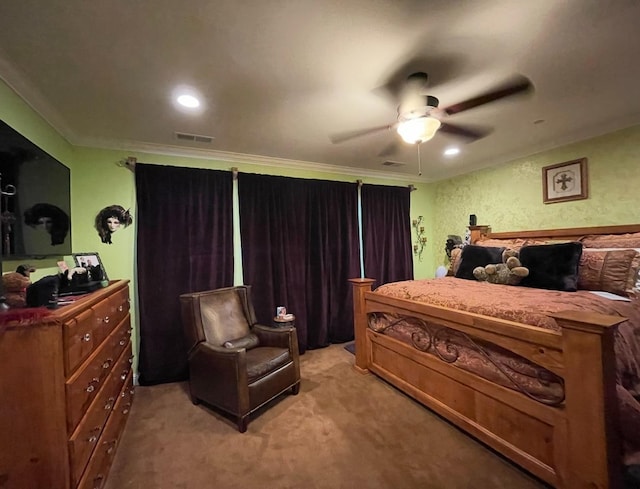 2291 E Prestwick Ave, Fresno, CA 93730 - bedroom featuring light colored carpet, crown molding, ceiling fan, and recessed lighting