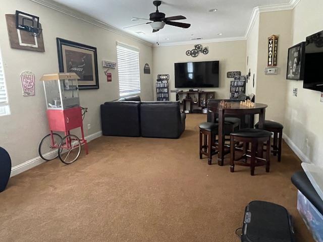 2291 E Prestwick Ave, Fresno, CA 93730 - living room with carpet, ornamental molding, and a ceiling fan
