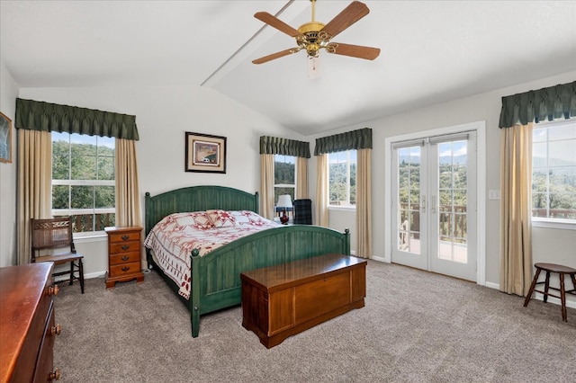 39397 Moonray Ln, Oakhurst, CA 93644 - carpeted bedroom with vaulted ceiling, access to outside, multiple windows, french doors, and a ceiling fan