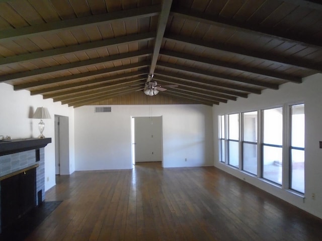 935 S Park Circle Dr, Fresno, CA 93727 - unfurnished living room with dark wood-style flooring, a fireplace, wooden ceiling, and ceiling fan