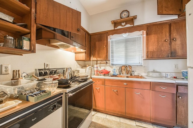 25 W Dinuba Ave, Fresno, CA 93706 - kitchen featuring white appliances, under cabinet range hood, open shelves, vaulted ceiling, and light countertops