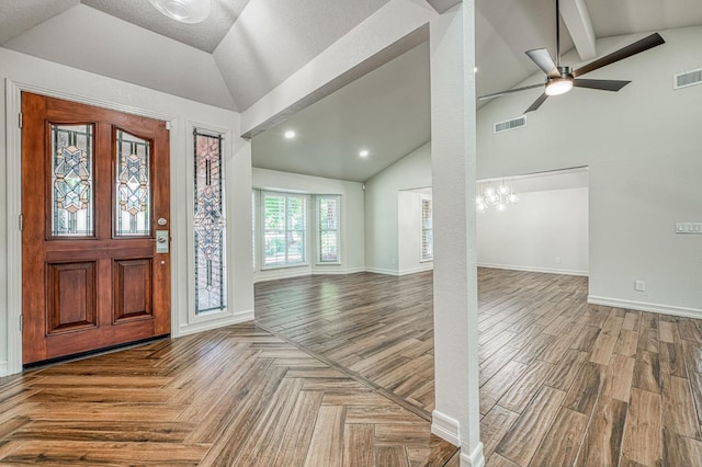 591 E Warwick Ave, Fresno, CA 93720 - entrance foyer with a ceiling fan, a chandelier, parquet flooring, high vaulted ceiling, and beamed ceiling