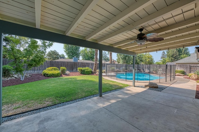 591 E Warwick Ave, Fresno, CA 93720 - view of pool with a ceiling fan, a patio area, and a fenced backyard